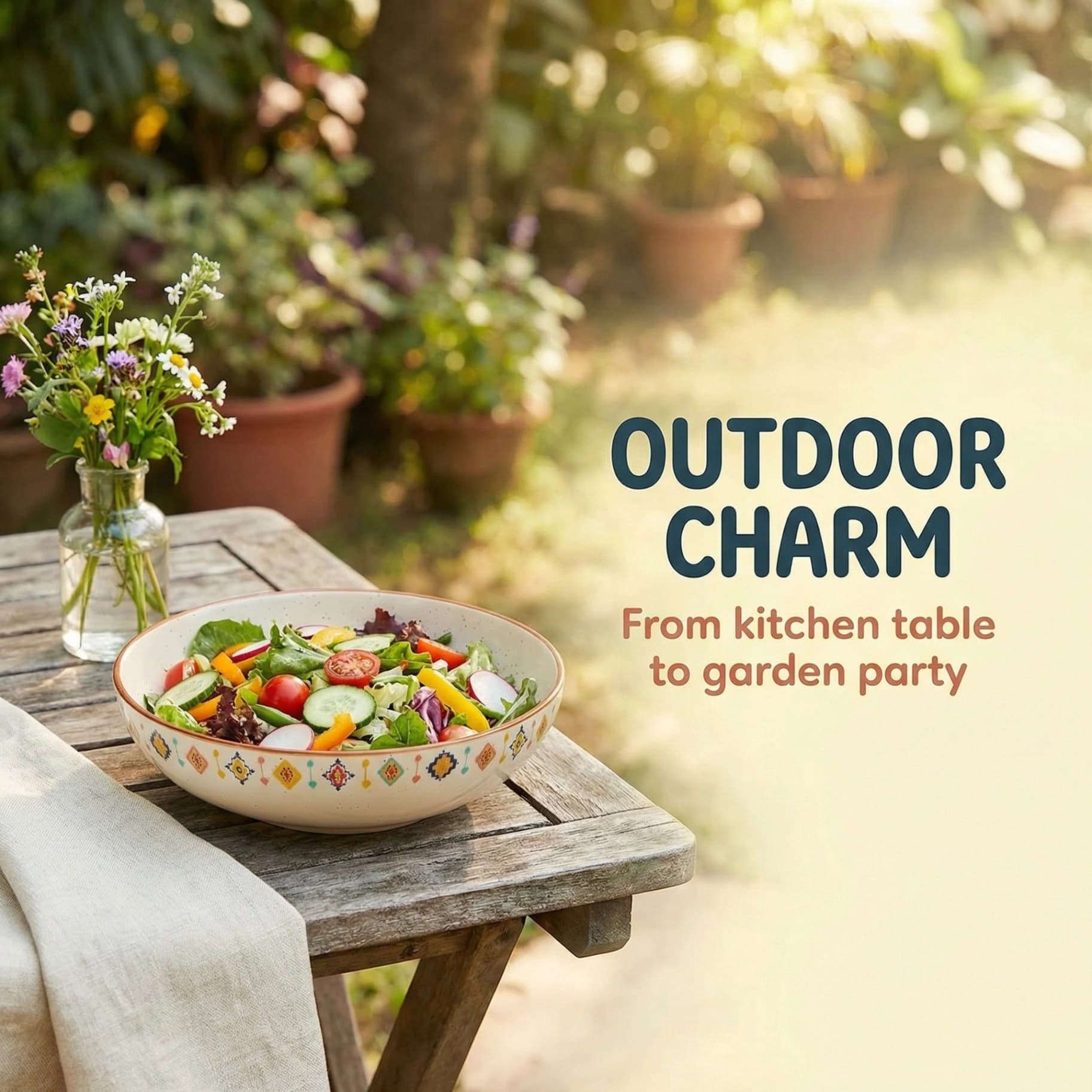 Outdoor garden party dining with a fresh vegetable salad in a colorful artisan bowl